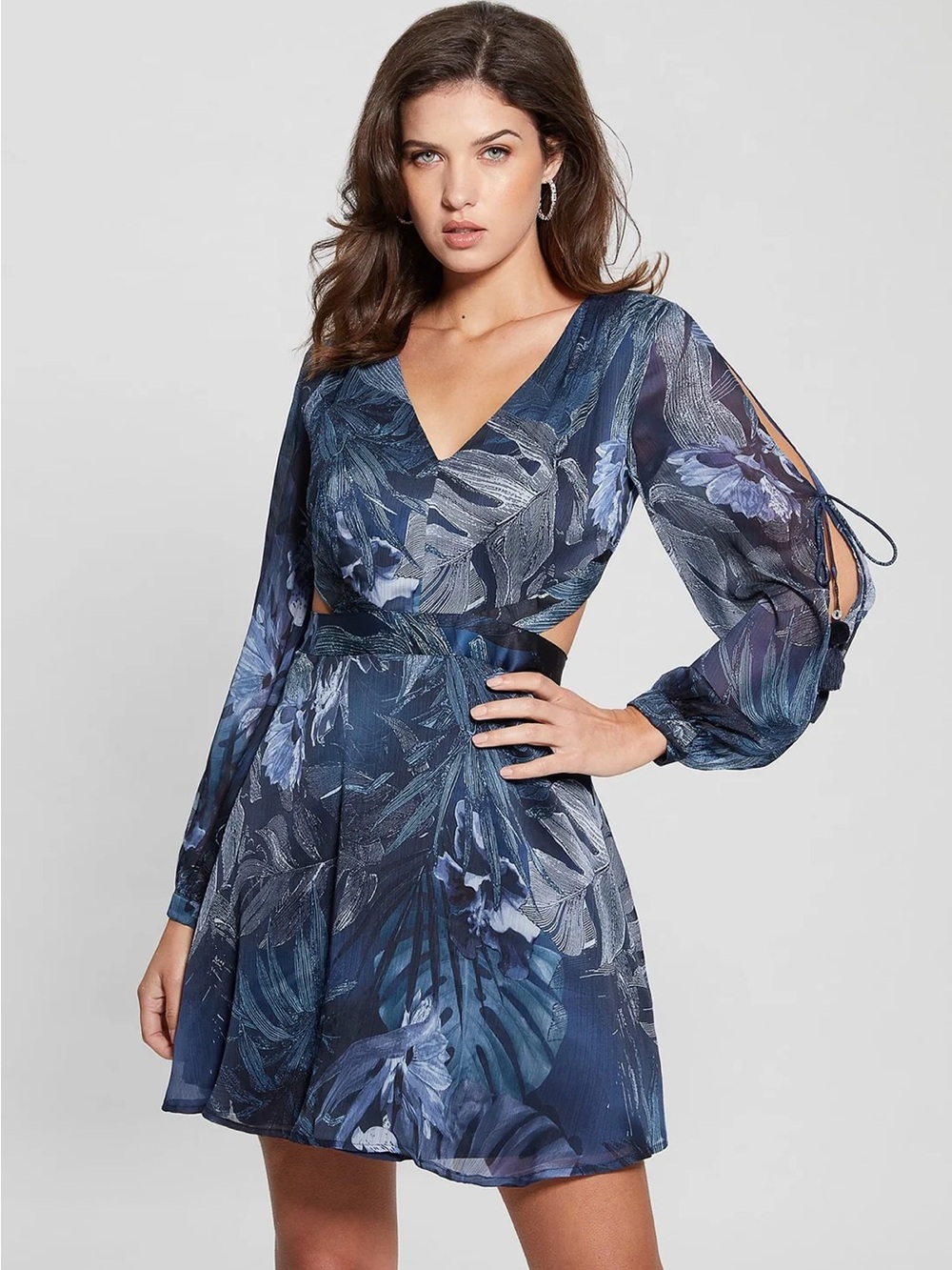 Navy Guess Farah Mini Dress with Tropical Print and Side Cutouts